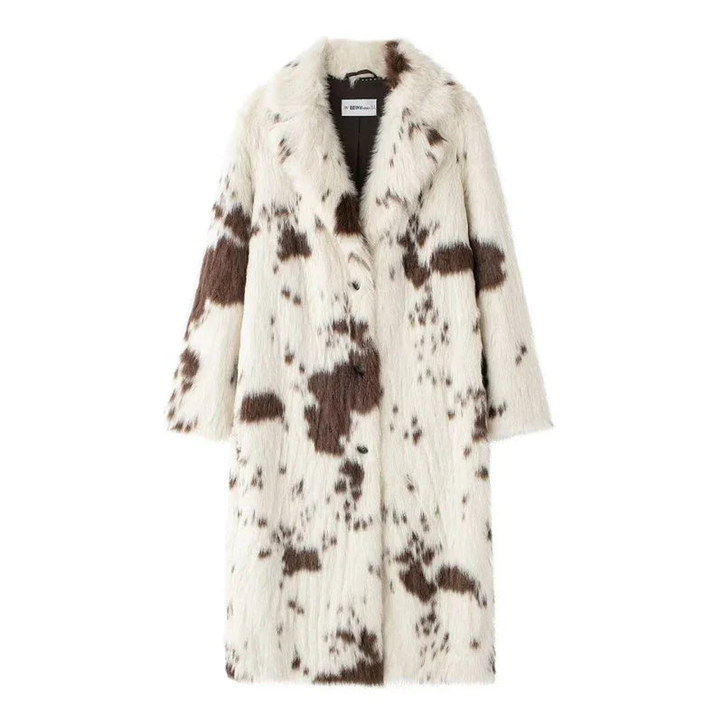 Women Winter Animal Print Fur Coat | Thick Warm Long Coat Brown & Cream