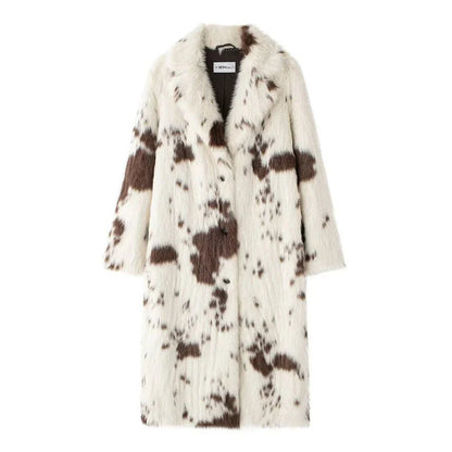 Women Winter Animal Print Fur Coat | Thick Warm Long Coat Brown & Cream