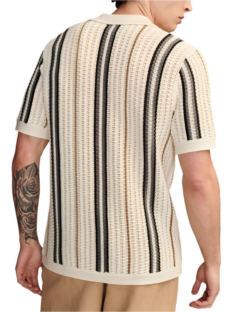 Men Knitted Summer Shirt | Casual Breathable Slim Fit Short Sleeve | Vintage Striped Crochet Knit Shirt