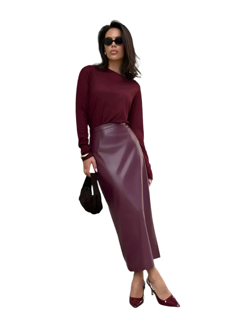 Women Burgundy Leather Long Skirt Burgundy
