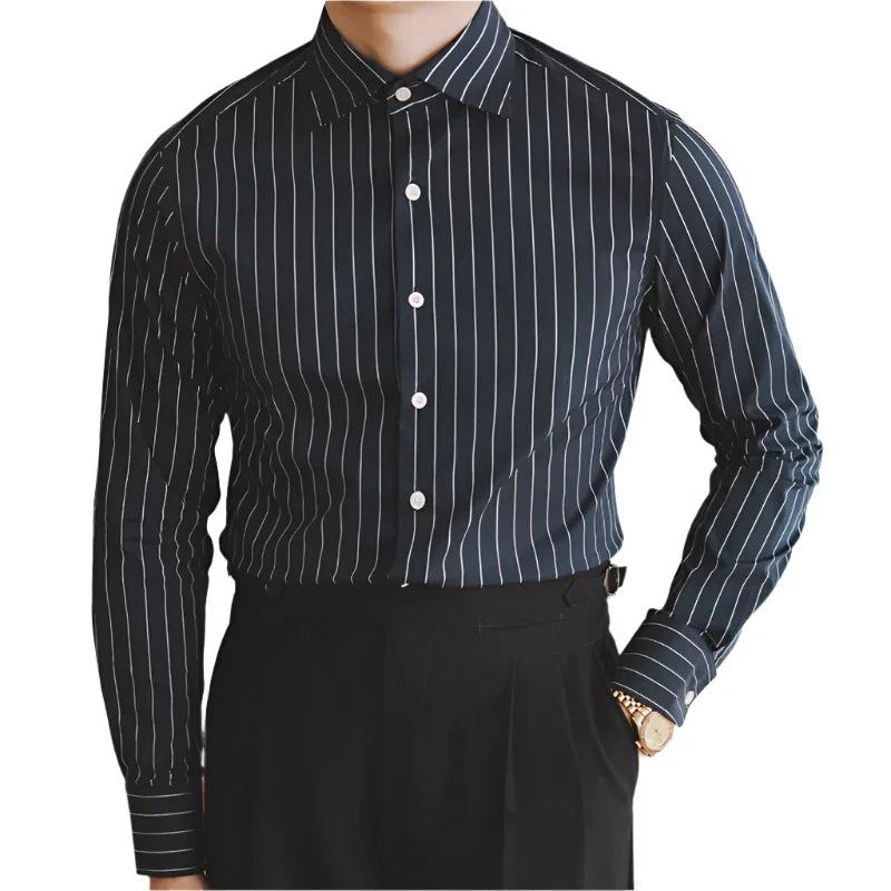 Men Striped Italian Dress Shirt | Non Iron Splayed Collar Long Sleeved Navy Blue