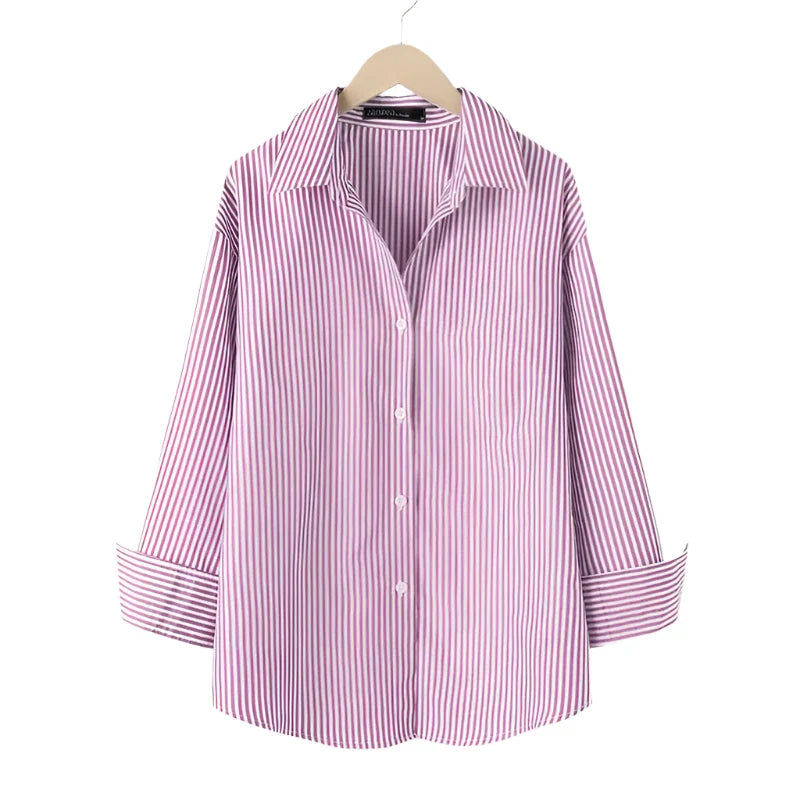 Women Striped Long Sleeve Loose Oversized Blouse | Vintage Button-Up Top Pink