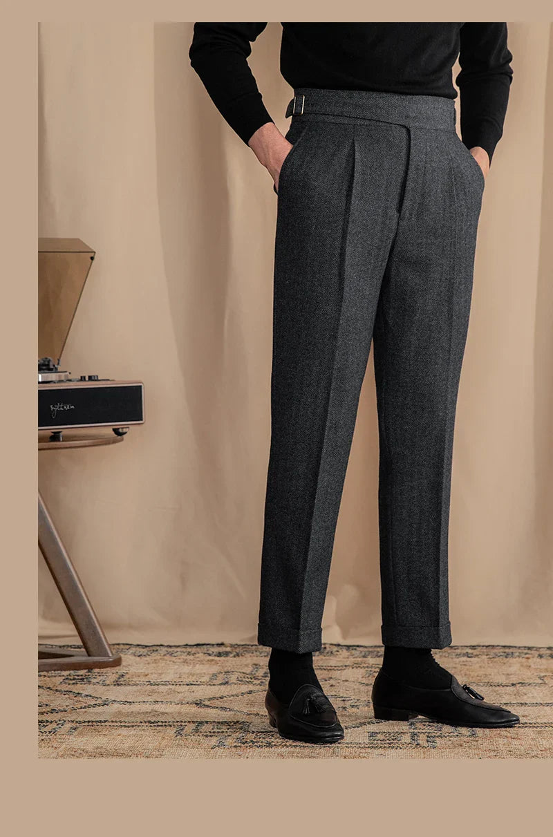 Men Vintage Wool Herringbone Pattern Pants | Casual | British | Warm | High Waist | Straight Pants