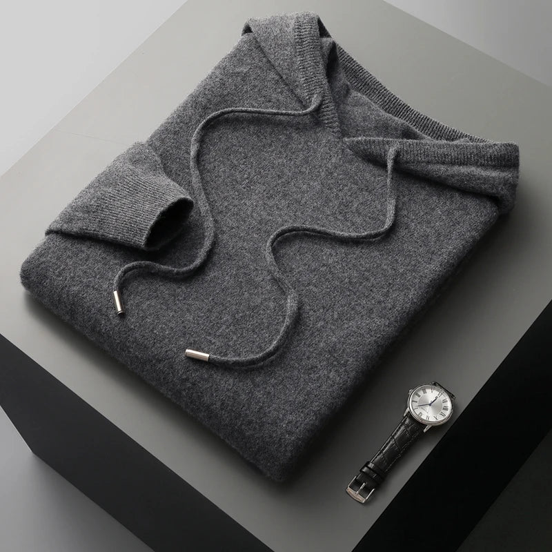 Men Merino Wool Hoodie | Casual Knitted Pullover Sweater | Hooded Collar Dark Grey