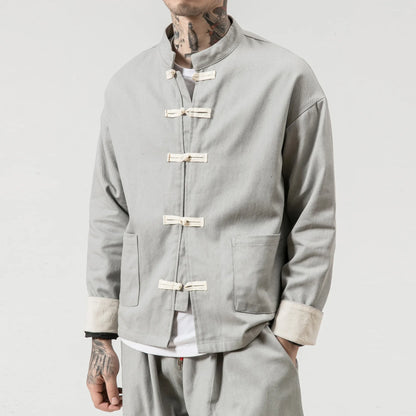 Men Tang Suit Jacket | Linen Top | Long Sleeve Gray Top