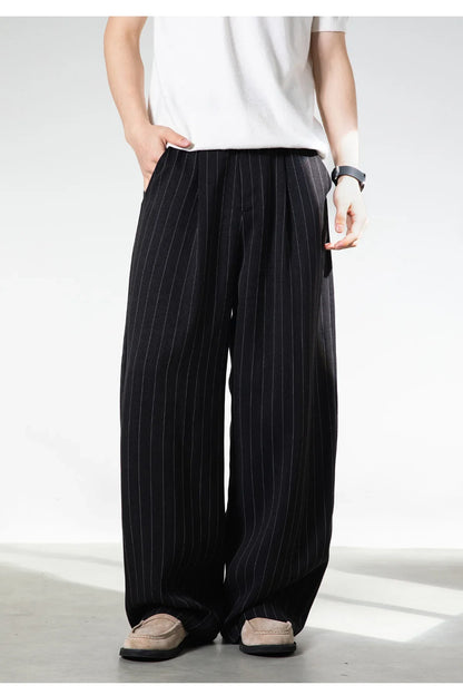Men Classic Striped Pleated Wide Leg Trousers | Baggy | Straight | Dress Pants | Business