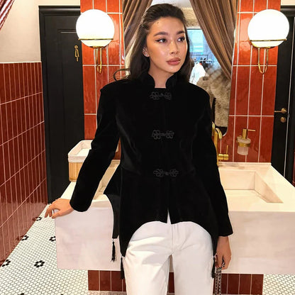 Women Napoleon Jacket | Black Velvet Tassel Jacket | Knot Button | Asymmetric Hem | Long Sleeve | Slim Fit | Elegant Coat black