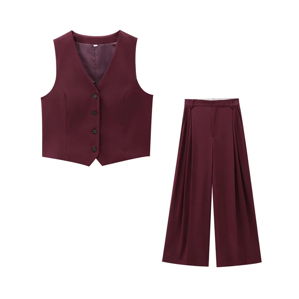 Women Burgundy Button Fitted Waistcoat and Wide Leg Pants | 2 Piece Set | High Waist Pleated Pants set