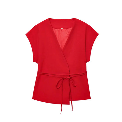 Women Sleeveless V-Neck Top With Belt Straight Pants Set | Top Trouser Suit | 2 Piece Set Red Top