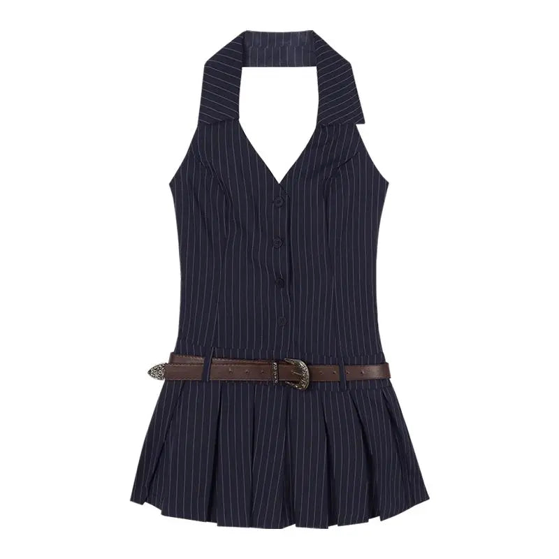Women Navy Blue Halter Backless Mini Pleated Dress | Short Striped Sleeveless Dress Navy Blue