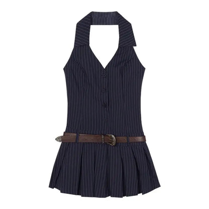 Women Navy Blue Halter Backless Mini Pleated Dress | Short Striped Sleeveless Dress Navy Blue
