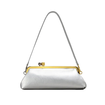 Women Leather Kiss Lock Bag | Long Clutch Bag | Luxury Shoulder Bag | Elegant Party Purse | Underarm Bag Silver