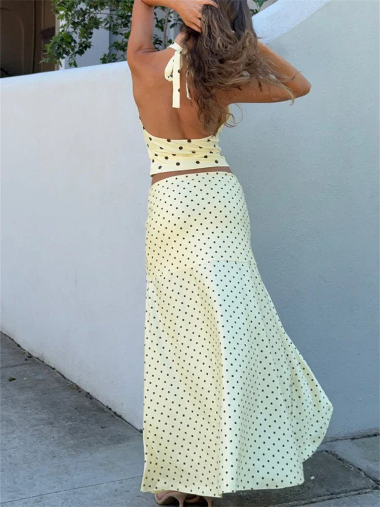 Women Polka Dot Set | V Neck | Sleeveless Top | High Waist Mini Skirt
