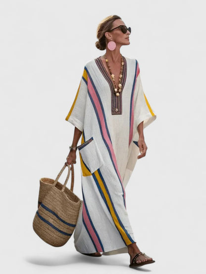 Serena | Women's V-Neck Kaftan Maxi Dress with Stripe Detail