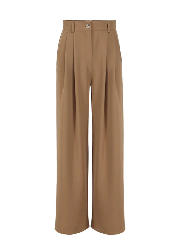 Women Classic 2 Piece Set | Vintage Plain Loose Shirt | Palazzo Floor-Length Pants Brown Pants