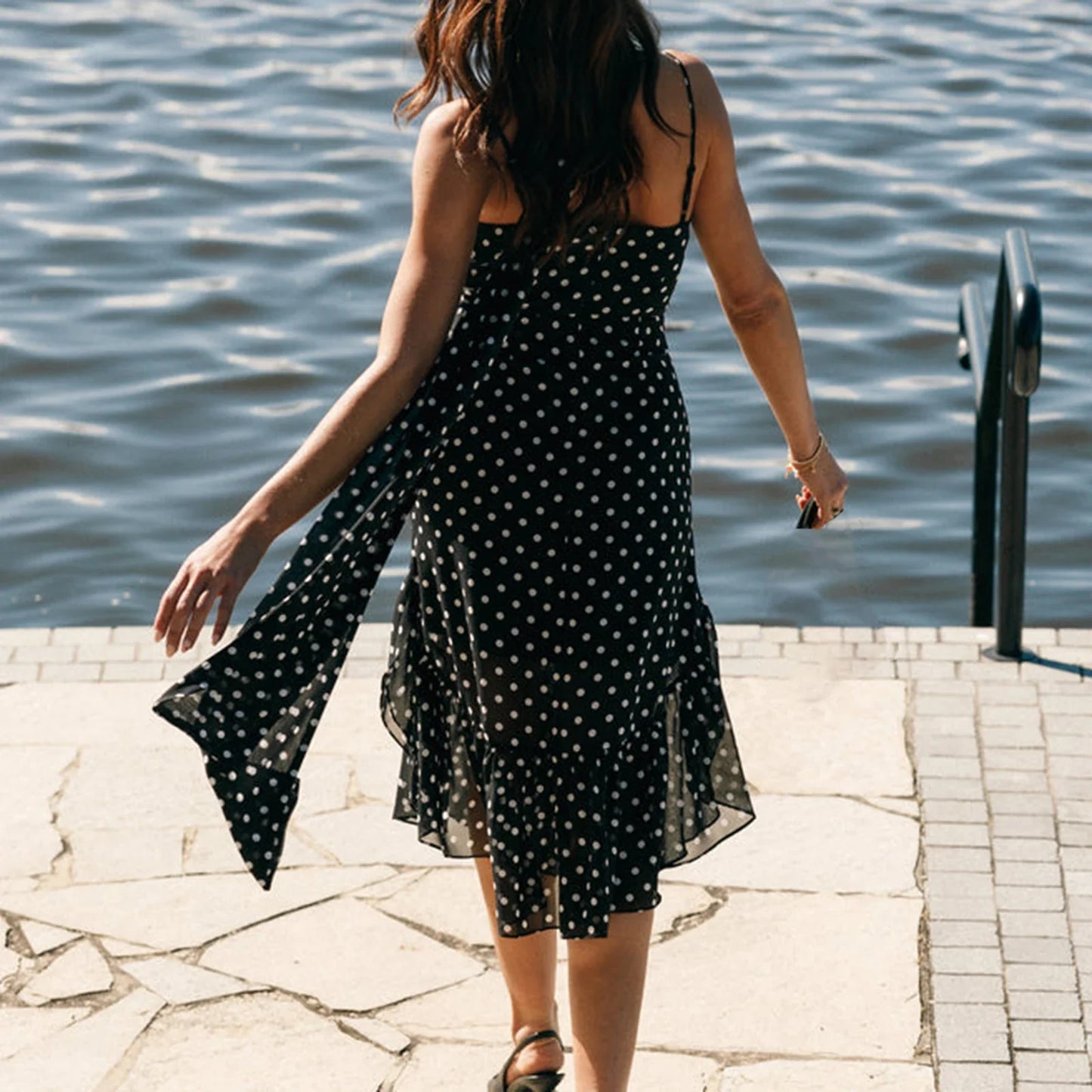Women Summer Polka Dot Spaghetti Strap Dress | Dot Print | Party Dress with Scarf | Vacation | Beach