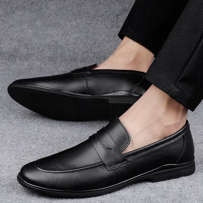 Men Plain Round Toe Leather Loafers | Leather Shoes black