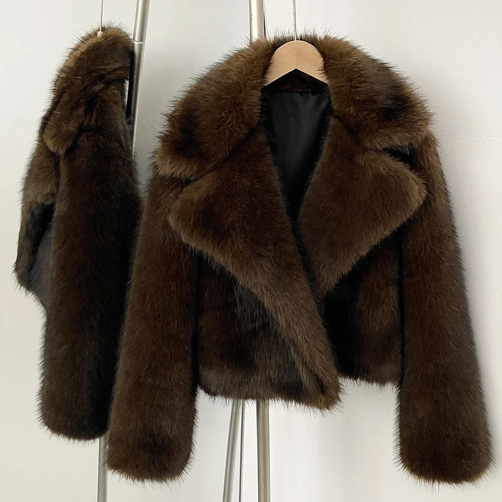 Women Short Fur Jacket | Vintage | Turn-Down Collar Coat | Long Sleeve Fur Coat | Winter | Streetwear Brown
