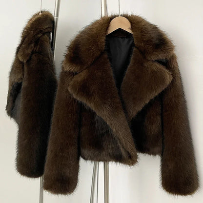 Women Short Fur Jacket | Vintage | Turn-Down Collar Coat | Long Sleeve Fur Coat | Winter | Streetwear Brown
