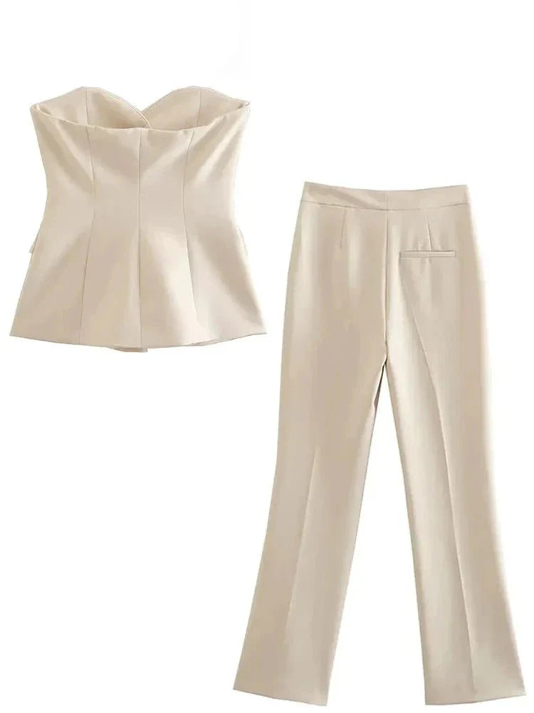 Women Solid Tube Top Pant Suit | Sleeveless Off Shoulder Top and Straight Trousers 2 Piece