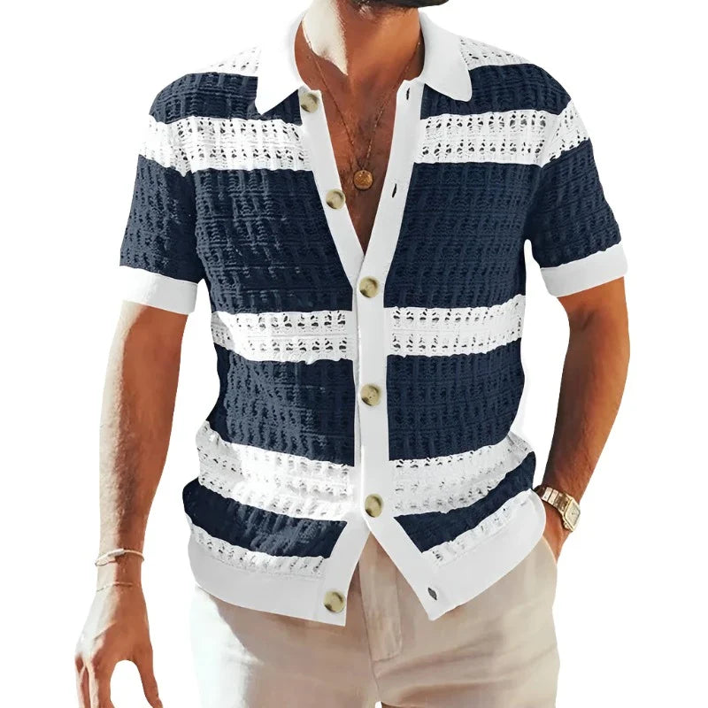 Men Casual Summer Loose Knitted Striped Shirt | Short Sleeve Buttoned Lapel Knit Cardigan Dark Blue