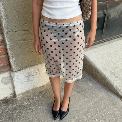 Women Midi Skirt | Sequin Lace Trim | Low Waist Skirt | Summer | Bodycon Skirt | Y2K White