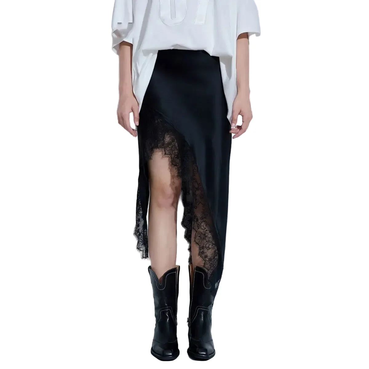 Women Black Satin Midi Skirt | Lace Patchwork | Asymmetrical Skirt | High Waist | Slit