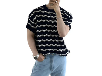 Men Knitted Shirt | Men Striped Summer Shirt | Short Sleeve | Hollow Out Knit Black