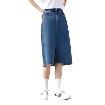 Women Long Denim Skirt | High Waist A-Line Denim Skirt with Slit blue