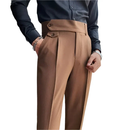 Men Vintage Style Pants | High Waisted Suit Pant | Business Casual Straight Trousers Coffee