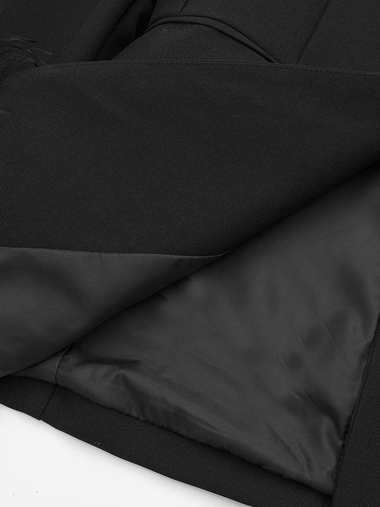 Women Satin Black With Feather Blazer Jacket | Vintage | Notched Neck