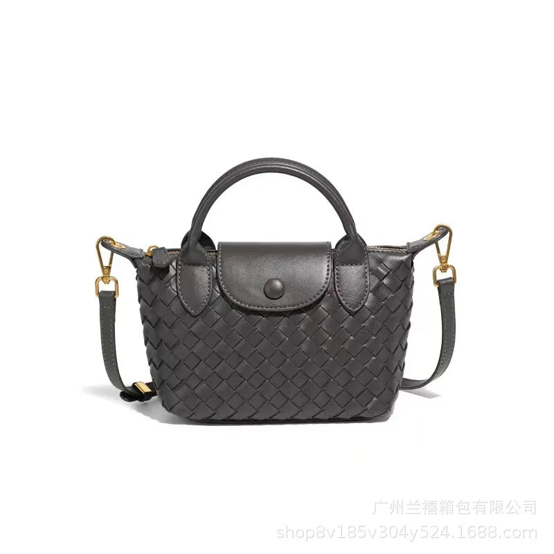 Women Woven Shoulder Bag | Small Dumpling Bag | Bucket Bag | Crossbody Bag | Lunch Box Bag Dark Grey