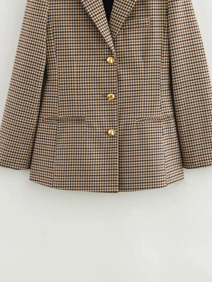 Women Houndstooth Blazer | Vintage Brown Plaid Blazer | Office