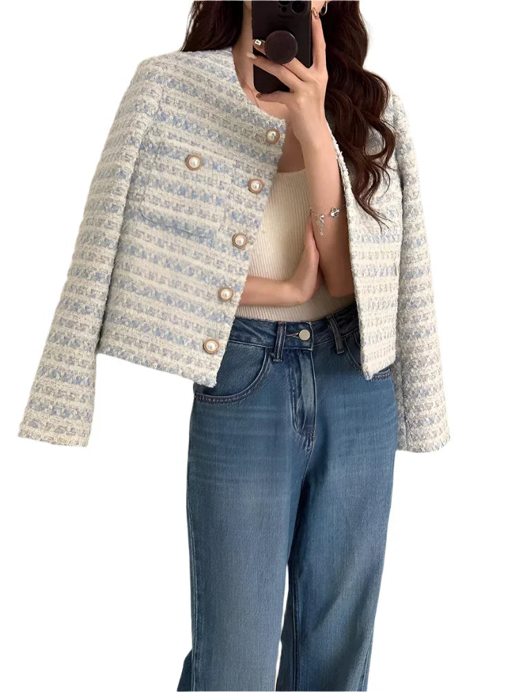 Women Elegant Tweed Jacket with Pocket | Vintage Tweed Short Coat | Loose Cardigan