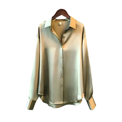 Women Satin Blouse | Long Sleeve Button-Down | Casual Office Silk Shirt Green