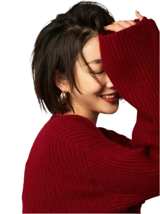 Women Round Neck Cashmere Sweater Cherry Red