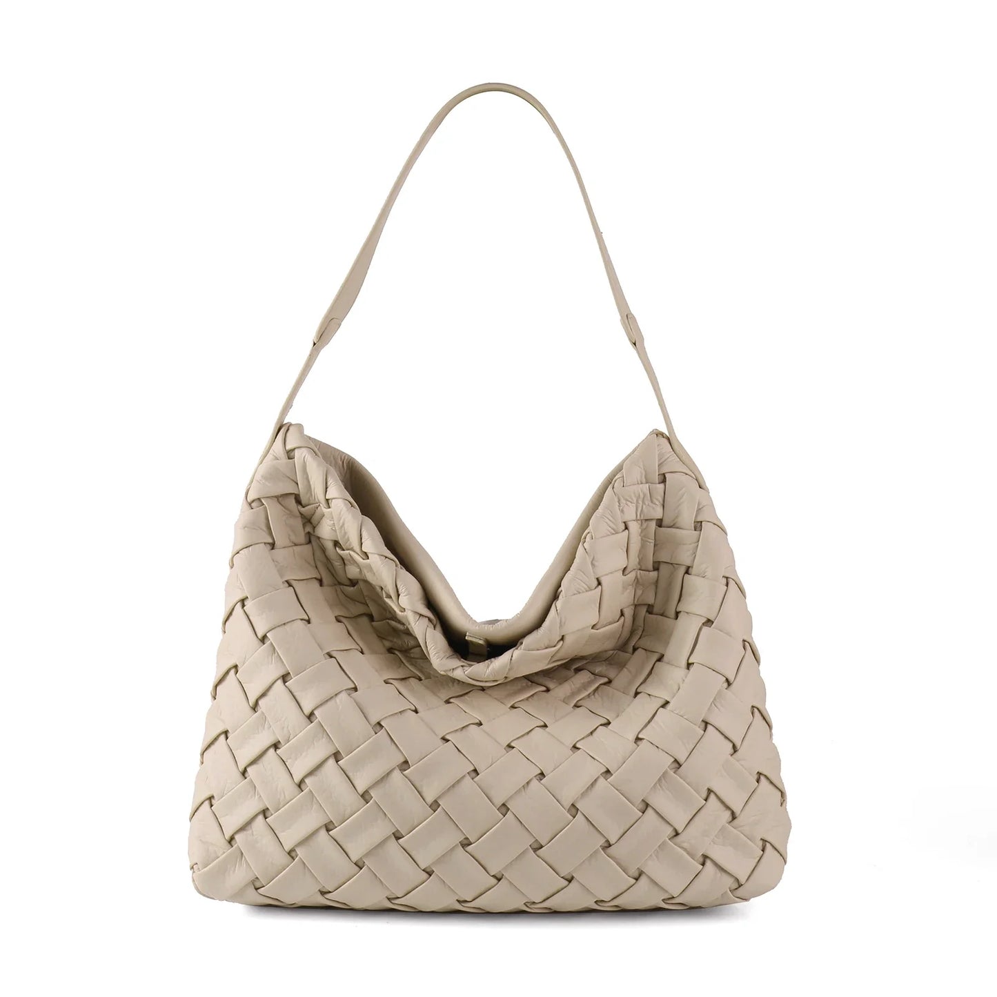 Women Woven Tote Bag | Textured Pleated Soft Leather Bag Apricot