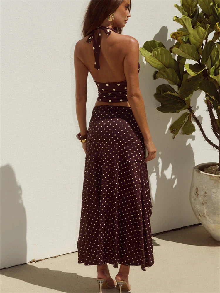 Women Polka Dot Set | V Neck | Sleeveless Top | High Waist Mini Skirt
