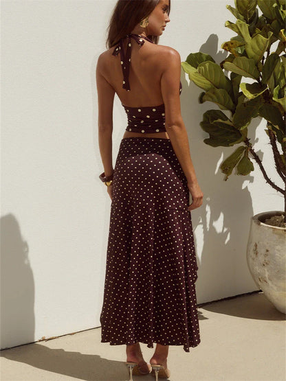 Women Polka Dot Set | V Neck | Sleeveless Top | High Waist Mini Skirt