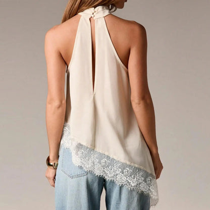 Women Asymmetrical Lace Satin Top | Silk Vest | Draped Choker | Halter Neck | Cami