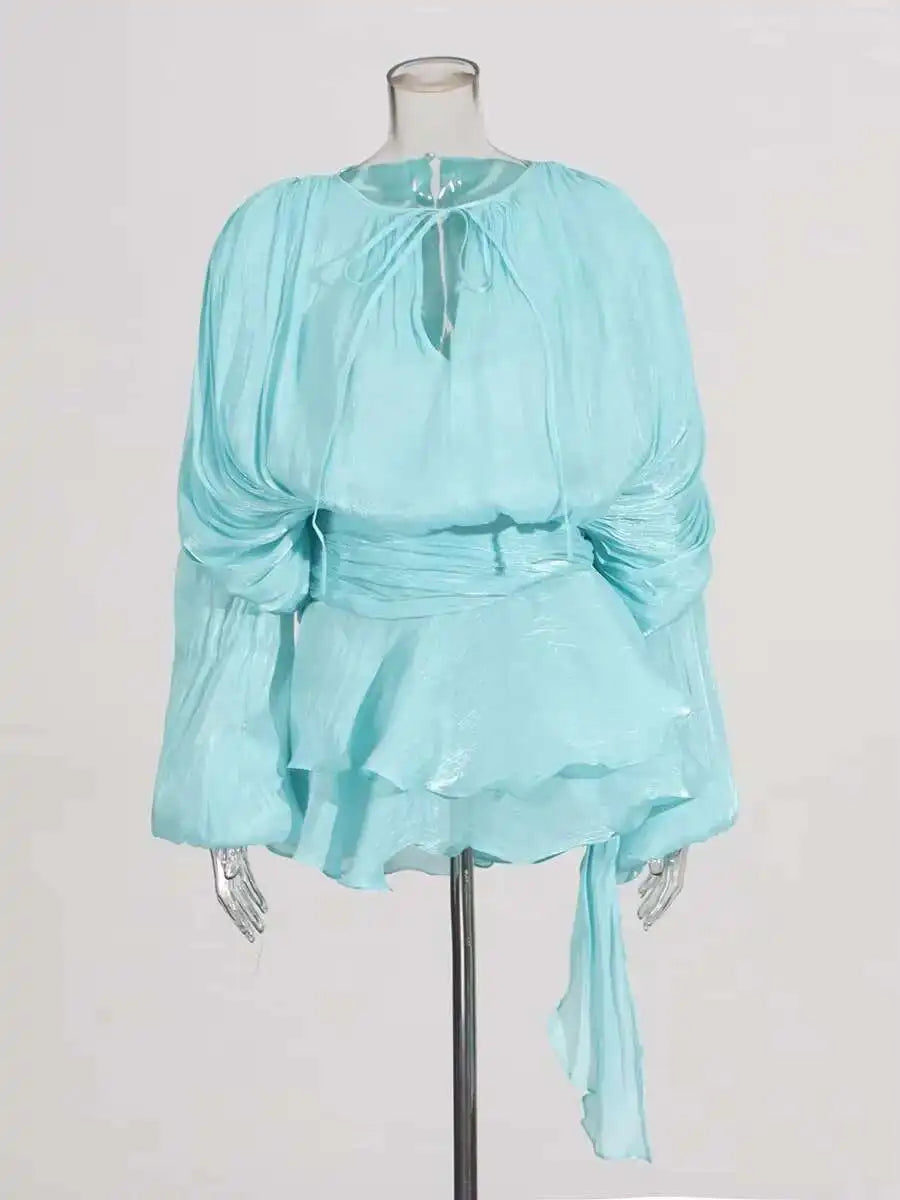 Women Flowy Mini Dress | V Neck | Long Sleeve | Spliced | Lace Up | Blouse Dress Blue