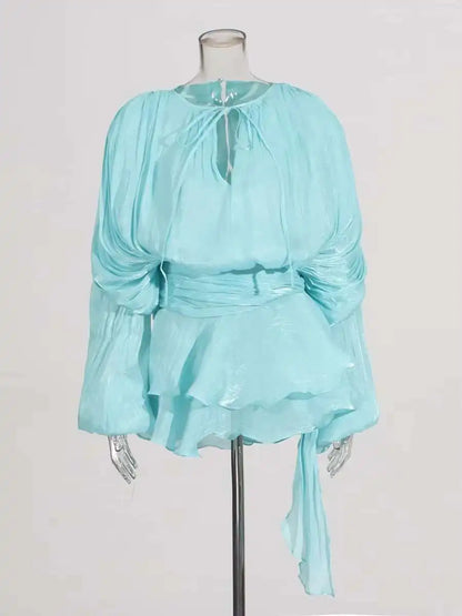 Women Flowy Mini Dress | V Neck | Long Sleeve | Spliced | Lace Up | Blouse Dress Blue