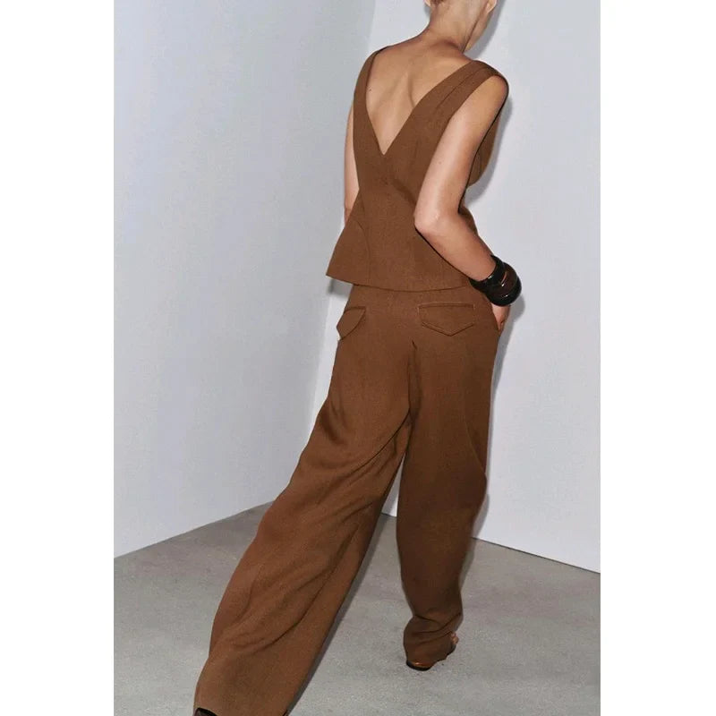 Women Brown Casual Pleated Pants | V Neck Vest Top | Set