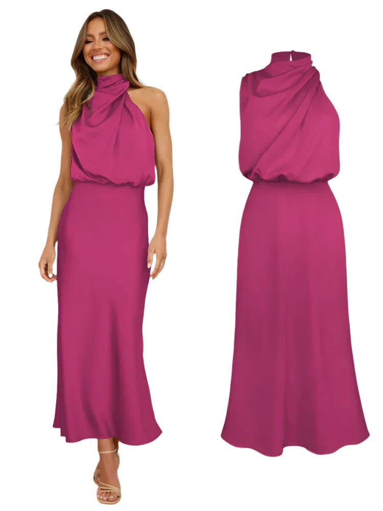 Women Satin Long Dress | Silk Sleeveless Evening Dress | Party Dress Rosey