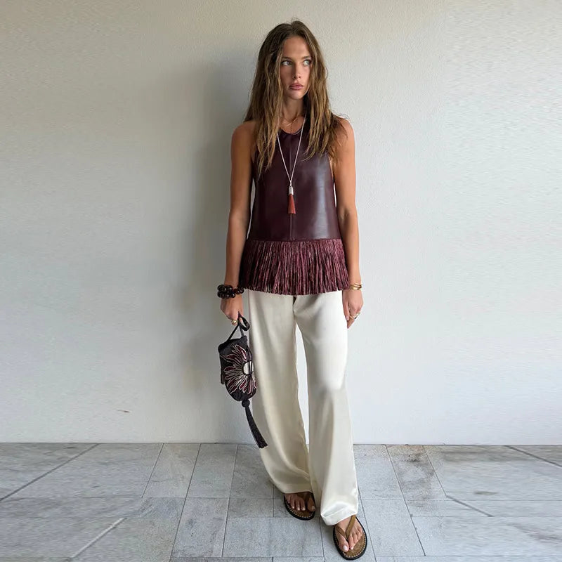 Women Vintage Leather Tassel Vest | Sleeveless | Backless | Halter Top