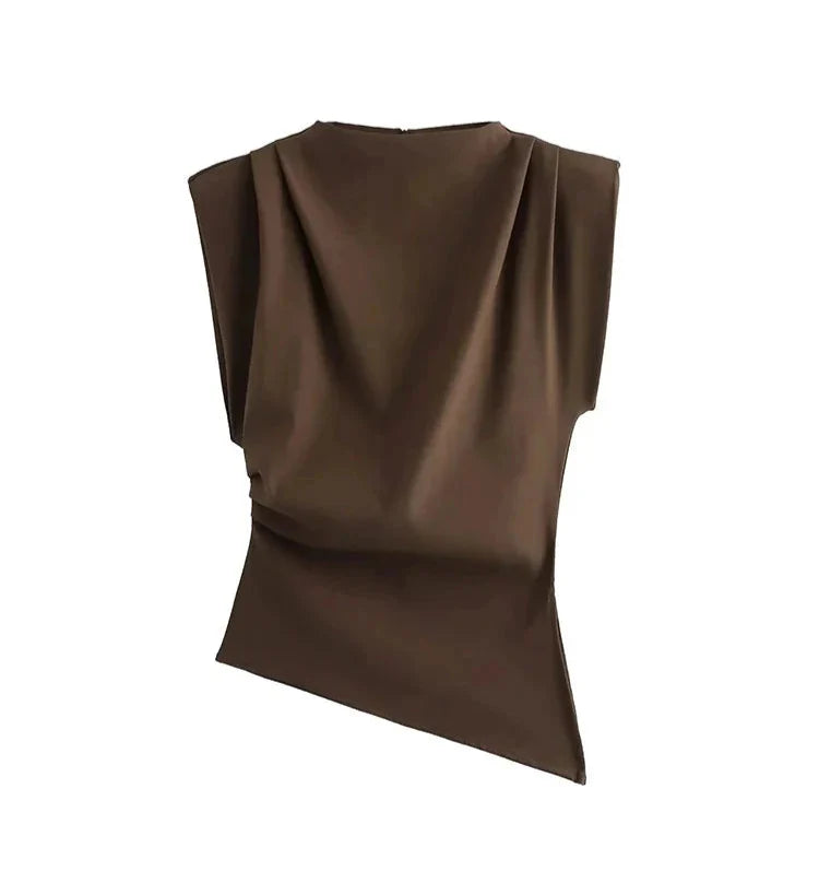 Women Asymmetric Sleeveless Cross Folds Top | Padded Shoulder Top Brown