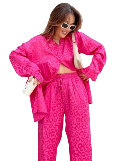Women Satin Shirt and Wide Leg Trousers Suit | 2 Piece Leopard Print Set | Pajamas Set Pink
