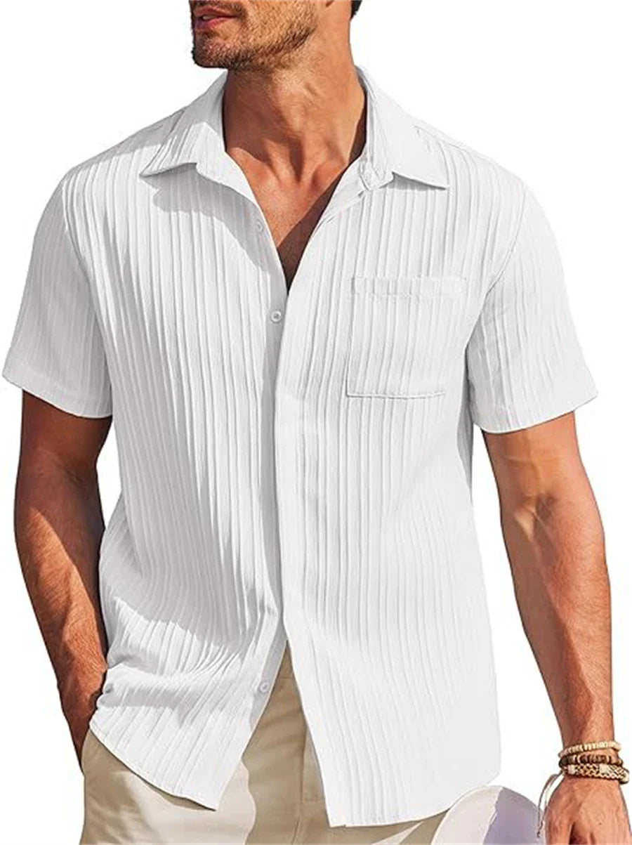 Men Short-Sleeved Cotton Summer Shirt | Casual Beach Button Down Shirt | Solid Color White