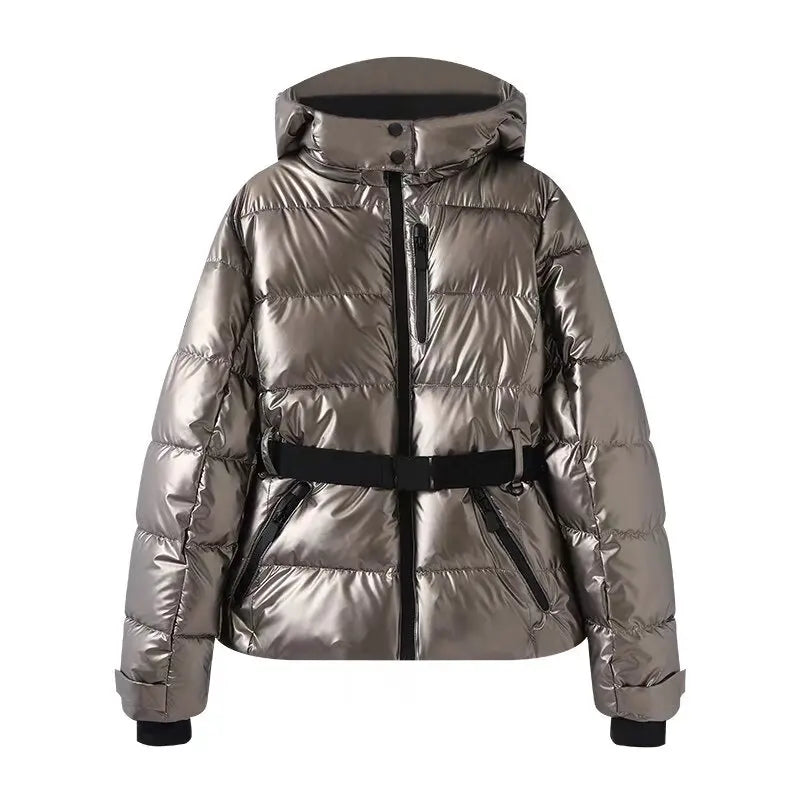 Women Winter Windproof Skiing Jacket | Padded Sport Parkas Jacket | Belt | Hooded | Thick | Warm | Pockets