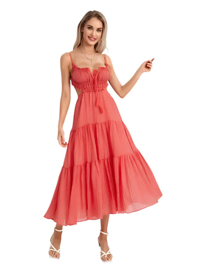 Women Summer Flowy Long Dress | Spaghetti Strap Backless Ruffled A-line Dress | Bohemian Holiday Sundress Watermelon Red